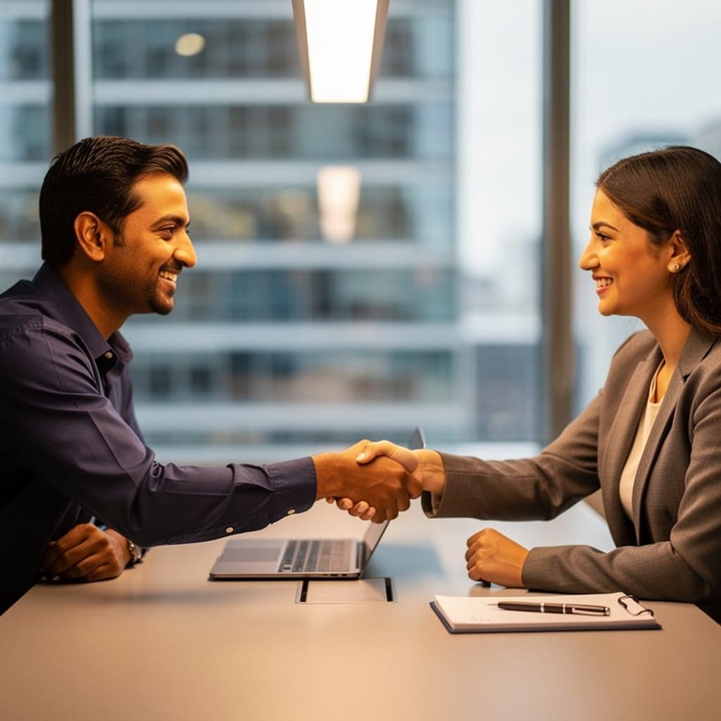 Interview handshake at conference table